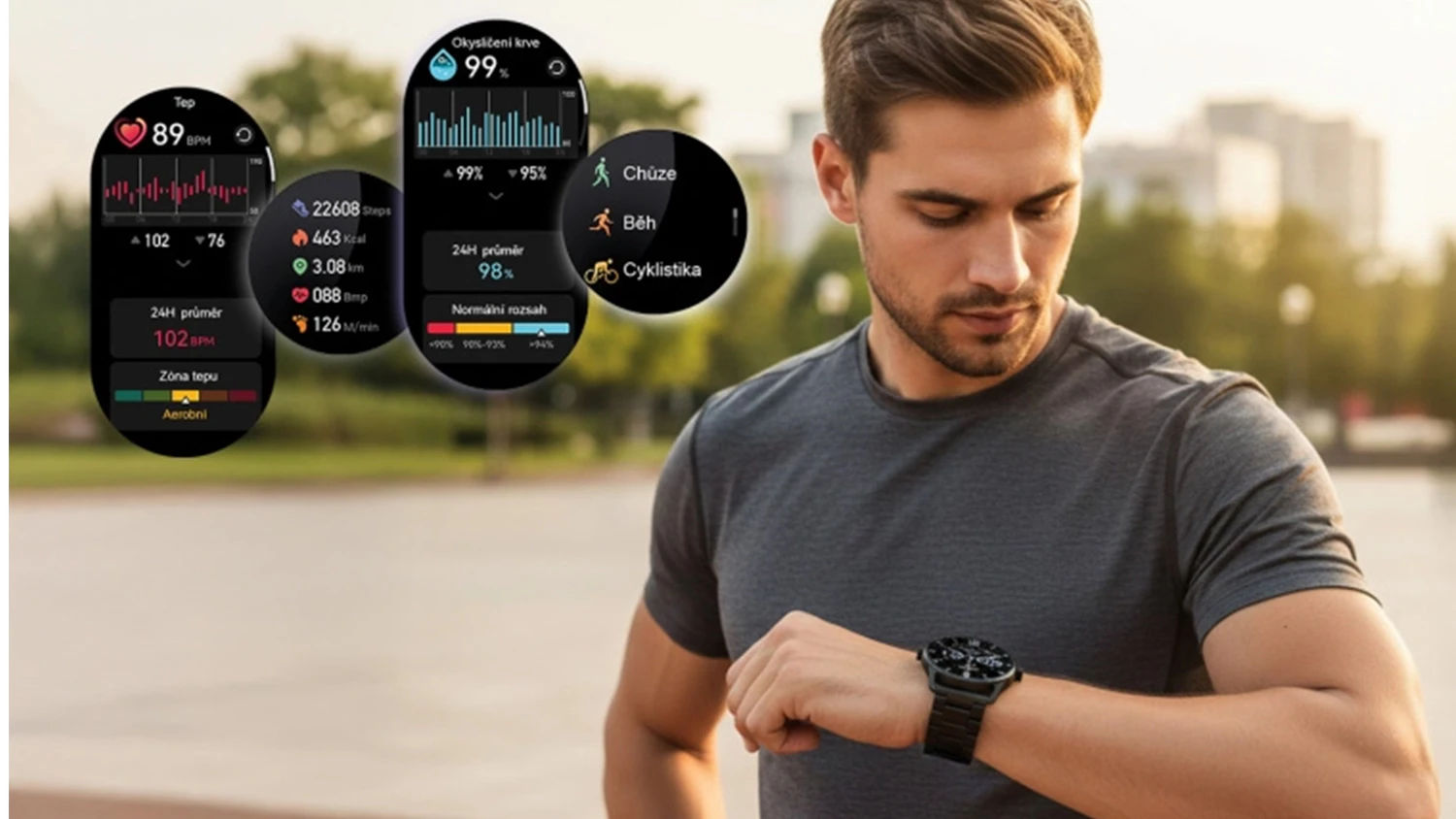 Muž kontroluje svou sportovní aktivitu na hodinkách Aligator Watch AMOLED Pro