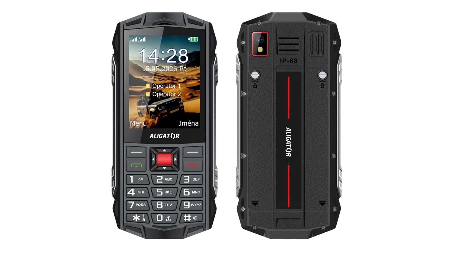 Mobilní telefon ALIGATOR R45 eXtremo černo-červený přední i zadní pohled