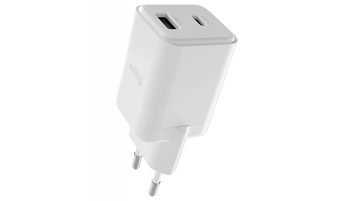 S&iacute;ťov&aacute; nab&iacute;ječka Allity GaN PD QC 1x USB-C 1x USB-A 30W b&iacute;l&aacute; bočn&iacute; pohled