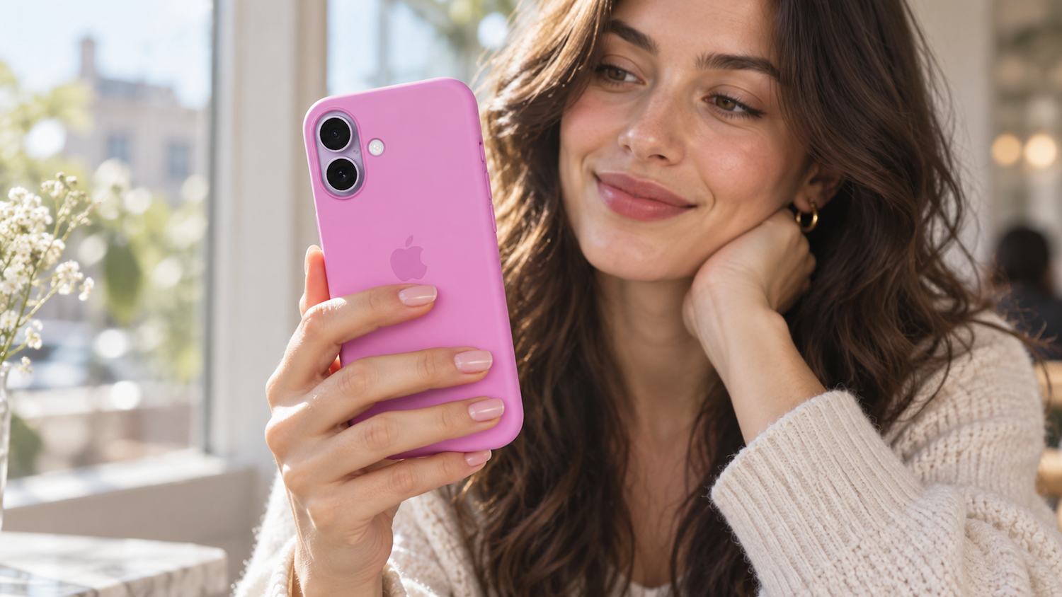 Žena s iPhonem v krytu Silicone Case Electric Lavender v ruce