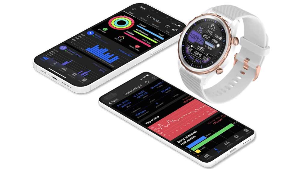 Chytré hodinky Carneo Queen HR+ gold se 2 mobilními telefony a zapnutou aplikací Carneo fit a zobrazením přehledů_06