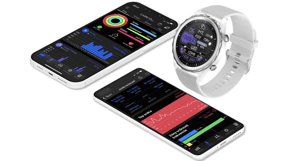 Chytré hodinky Carneo Queen HR+ silver se 2 mobilními telefony a zapnutou aplikací Carneo fit a zobrazením přehledů_06