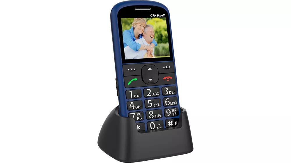 Ve stojánku postavený mobilní telefon CPA Halo 21 modrý_03