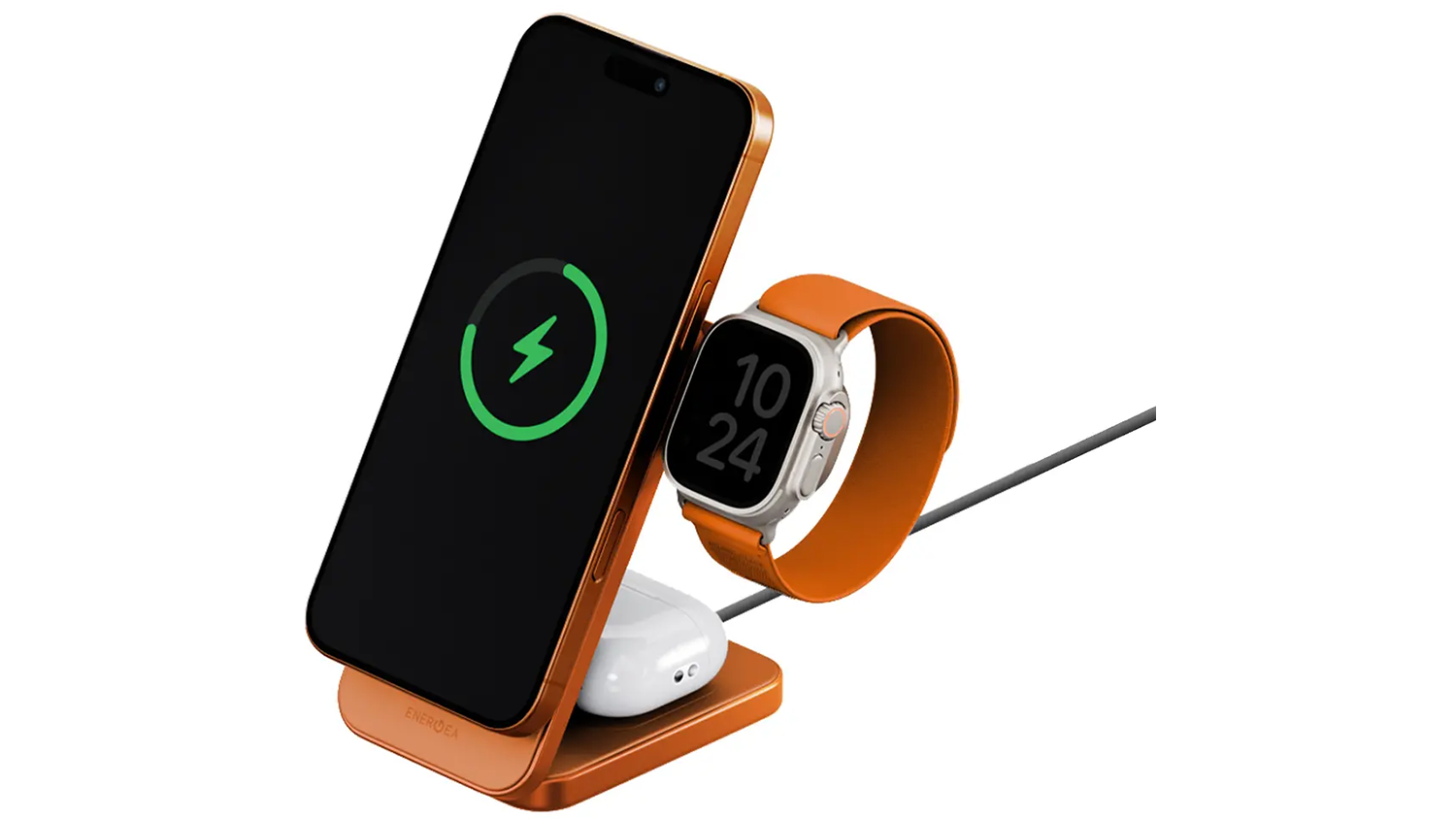 Bezdr&aacute;tov&aacute; nab&iacute;ječka Energea MagTrio 2 3v1 25W Orange s mobiln&iacute;m telefonem a hodinkami