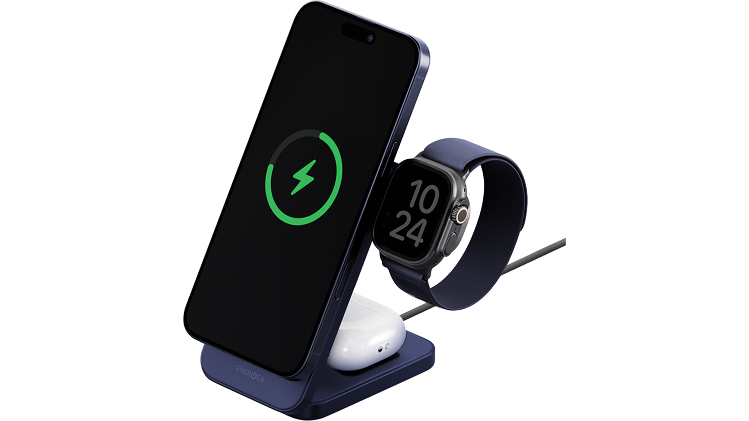 Bezdr&aacute;tov&aacute; nab&iacute;ječka Energea MagTrio 2 3v1 25W Indigo s mobiln&iacute;m telefonem a hodinkami