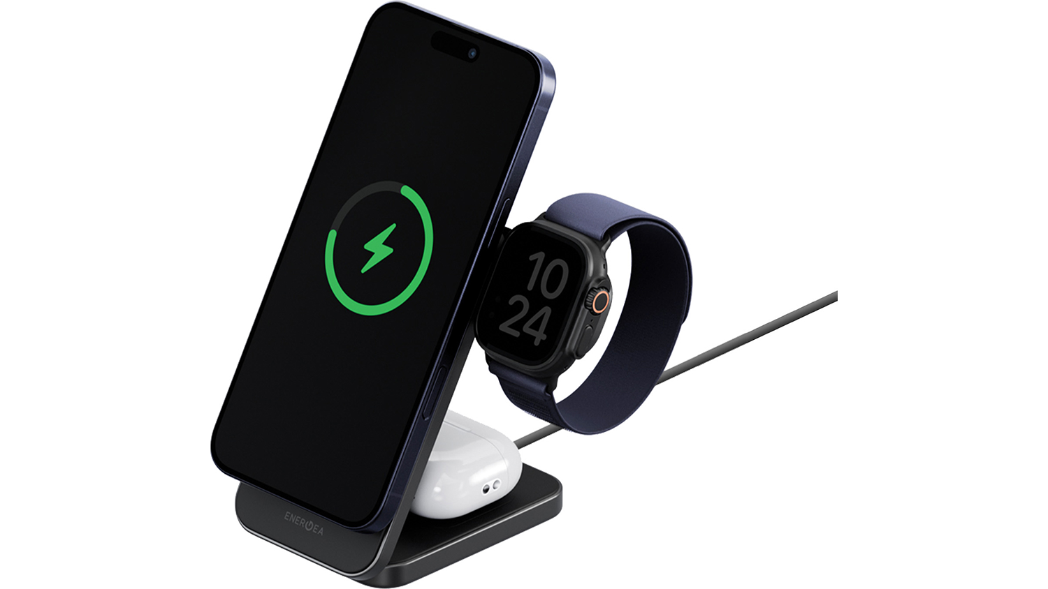 Bezdr&aacute;tov&aacute; nab&iacute;ječka Energea MagTrio 2 3v1 25W Gunmetal s mobiln&iacute;m telefonem a hodinkami