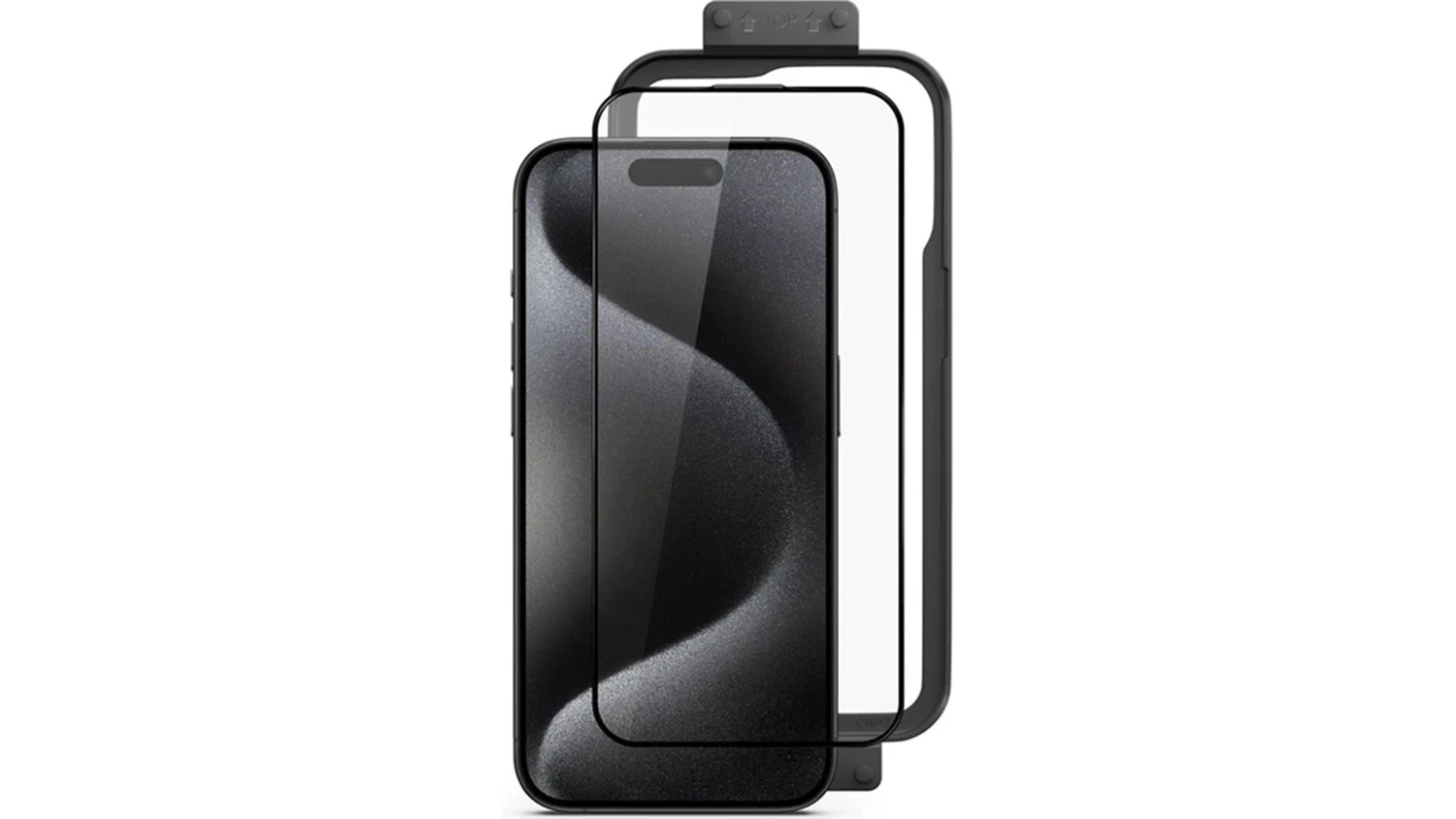 Ochranné sklo Epico UNUM SapphireShield 3D iPhone 16 Pro na bílém pozadí ukazující prémiovou kvalitu a čistý design