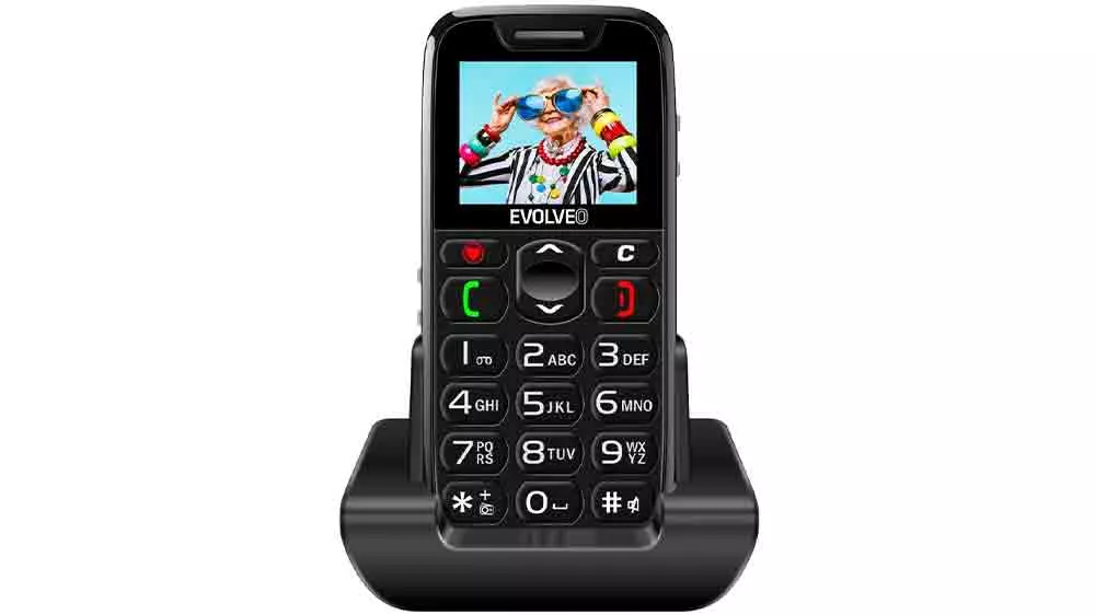 Mobilní telefon EVOLVEO EasyPhone černý na nabíjecím stojánku