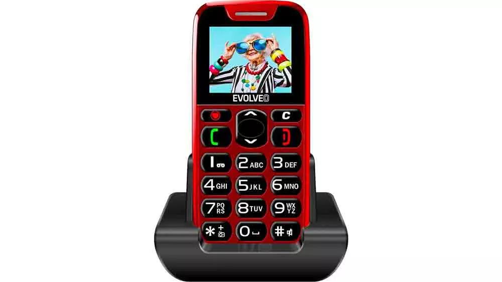 Mobilní telefon EVOLVEO EasyPhone červený na nabíjecím stojánku