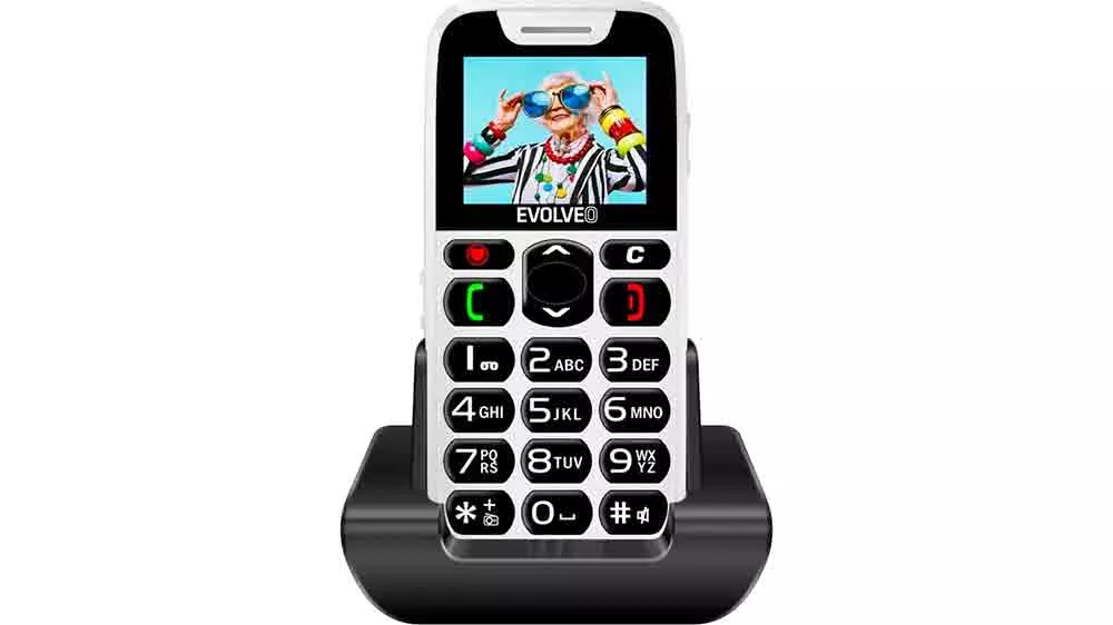 Mobilní telefon EVOLVEO EasyPhone bílý na nabíjecím stojánku