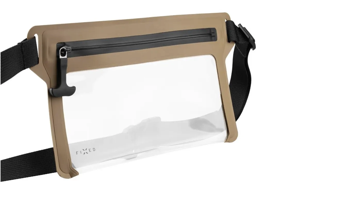 Obal na mobil FIXED Dry Belt okolo pasu khaki předn&iacute; pohled