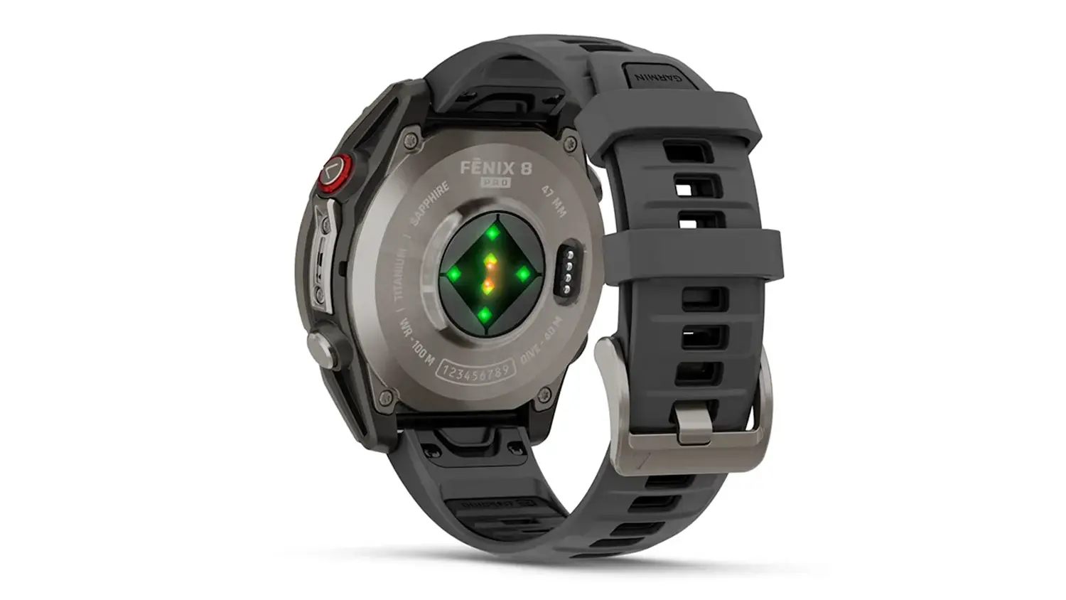 Chytr&eacute; hodinky Garmin Fenix 8 Pro 51mm AMOLED Sapphire Titanium Silicone band Graphite/Black a pohled na vnitřn&iacute; stranu se senzory