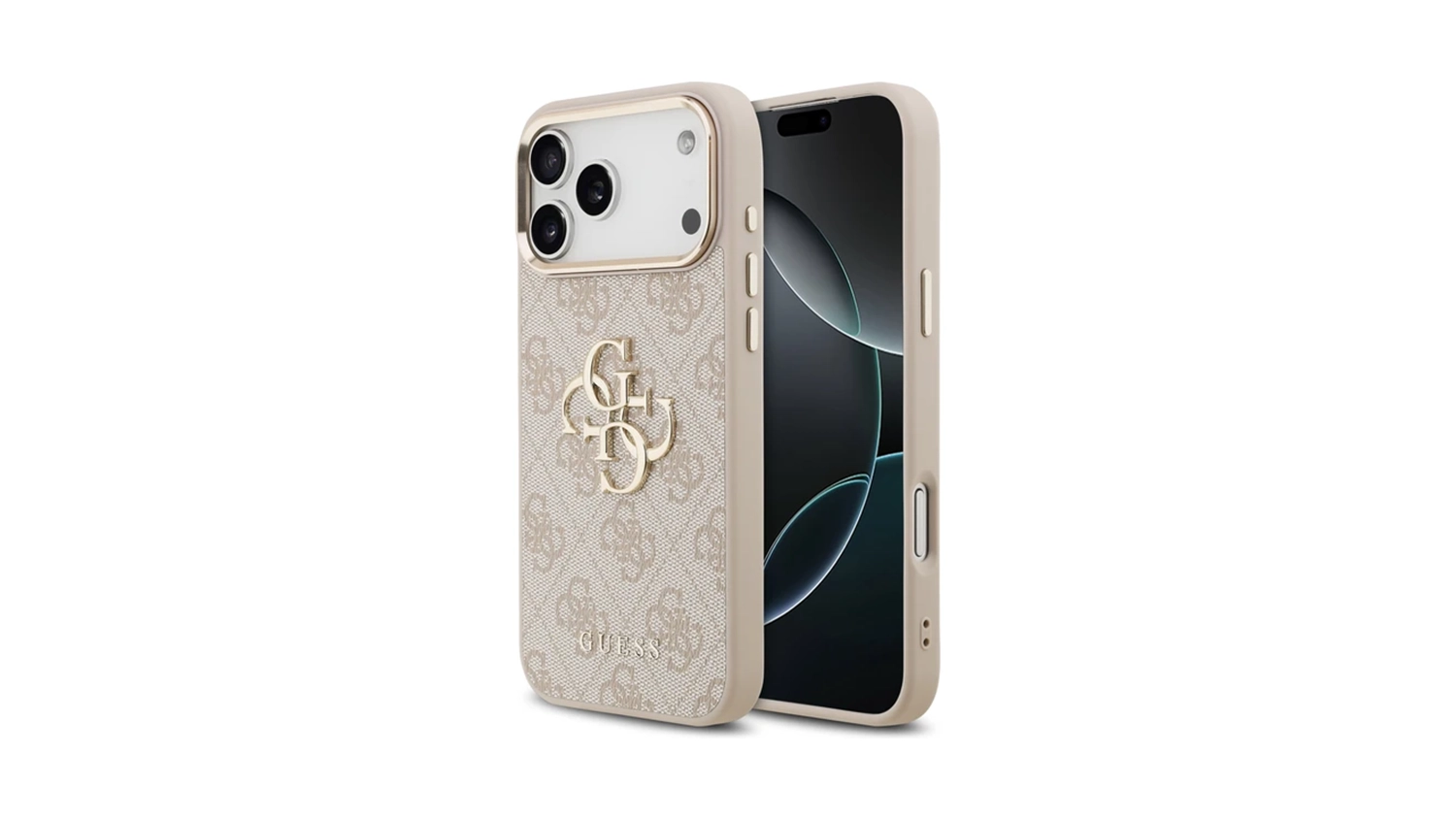 Kryt na mobil Guess PU Leather 4G Metal Logo Gold Frame pro iPhone 17 Pro Max růžov&yacute;- předn&iacute; a zadn&iacute; pohled