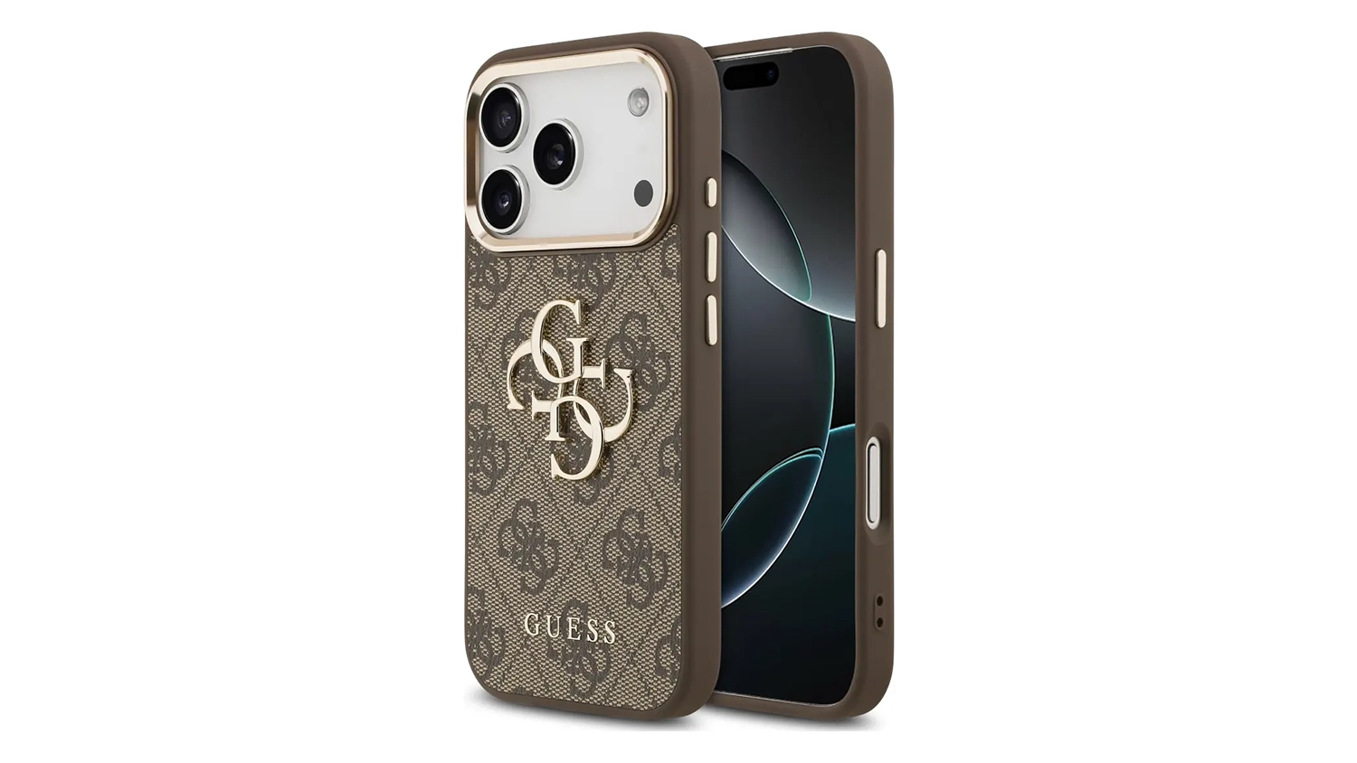 Kryt na mobil Guess PU Leather 4G Metal Logo Gold Frame pro iPhone 17 Pro Max hněd&yacute;- předn&iacute; a zadn&iacute; pohled