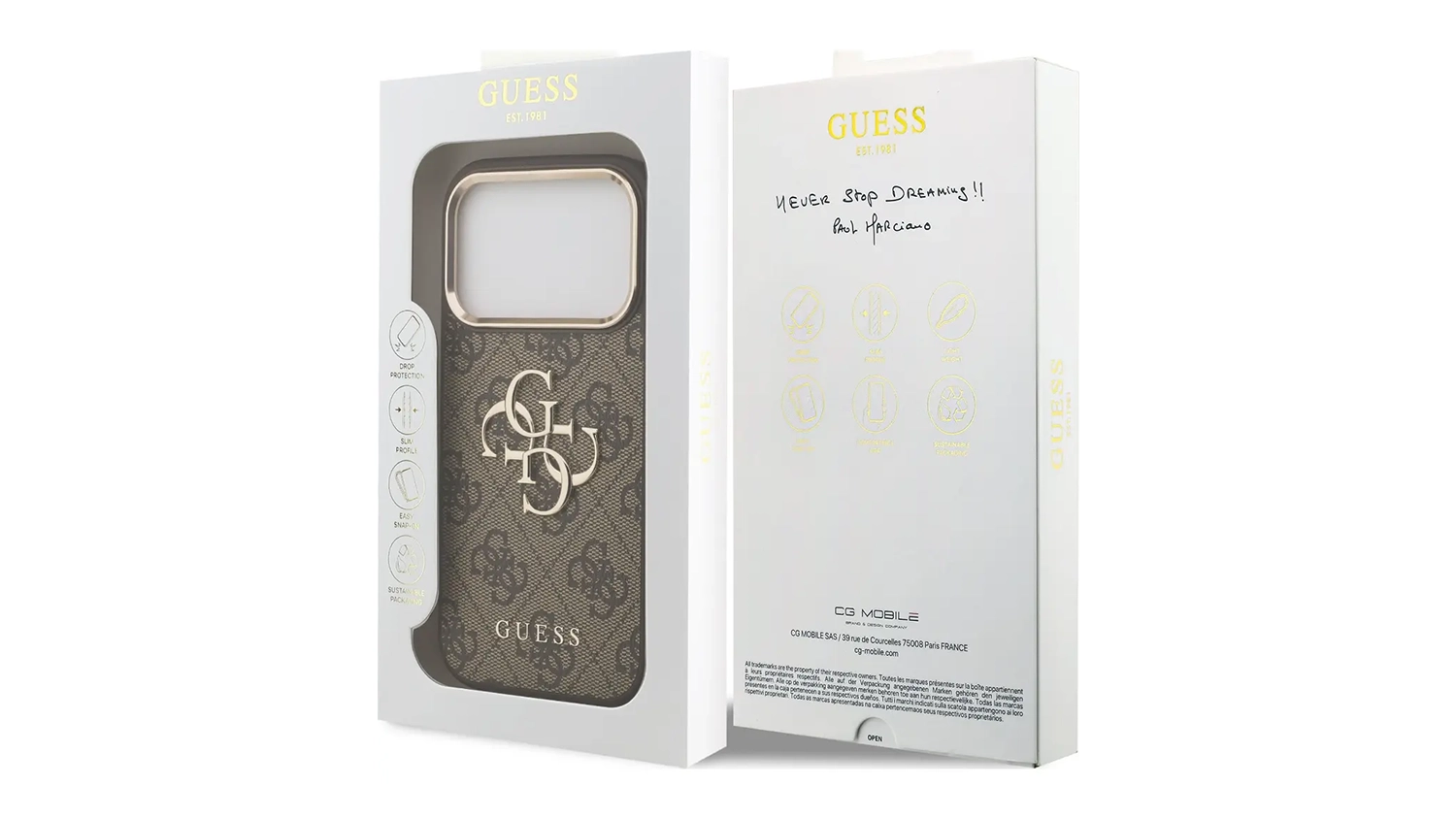 Balen&iacute; krytu Guess PU Leather 4G Metal Logo Gold Frame pro iPhone 17 Pro Max