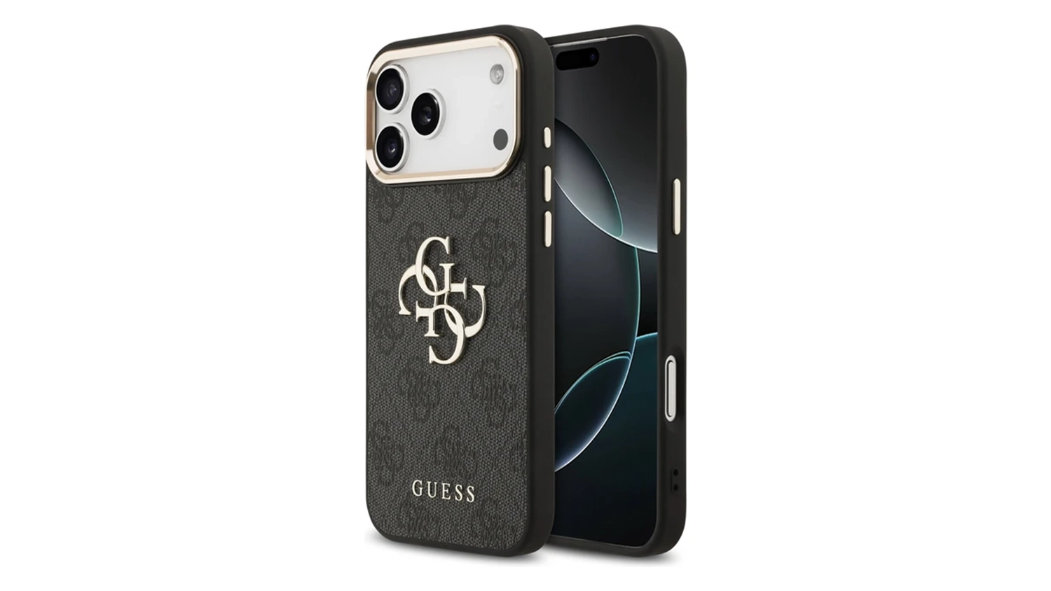 Kryt na mobil Guess PU Leather 4G Metal Logo Gold Frame pro iPhone 17 Pro Max čern&yacute;- předn&iacute; a zadn&iacute; pohled
