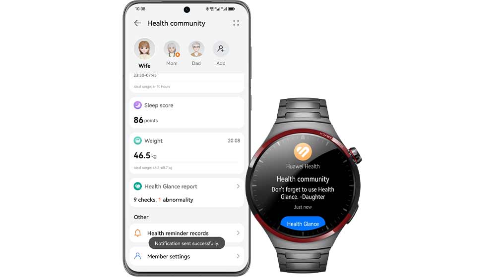 Chytré hodinky Huawei Watch 4 PRO – Space Edition vedle mobilu s aplikací HUAWEI Health, která zobrazuje profily členů rodiny_04