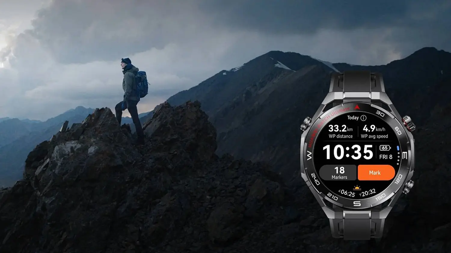 Muž na vrcholku hor, v popředí hodinky HUAWEI WATCH Ultimate 2