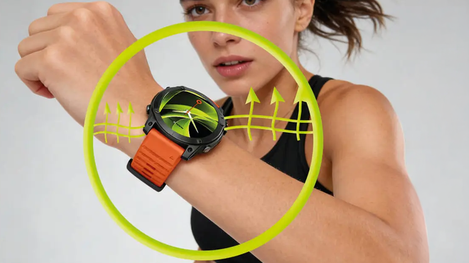 Žena s hodinkami na ruce s řemínkem Mobile Origin Easy Strap Silicone Watch vizualizace prodyšnosti