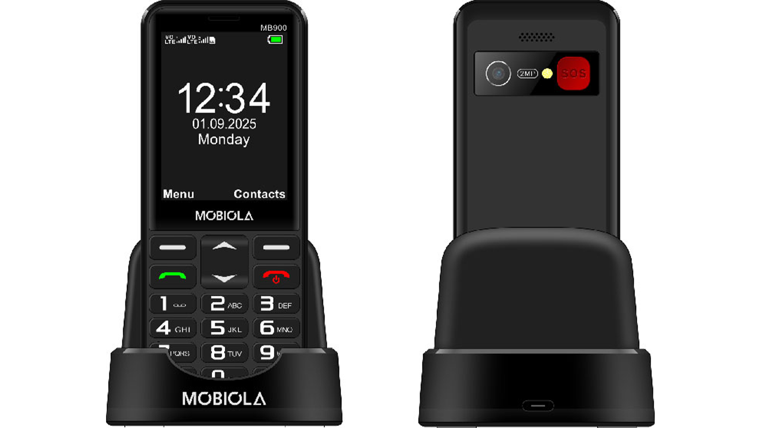 Mobilný telefón MOBIOLA MB900 4G v nabíjacom stojane
