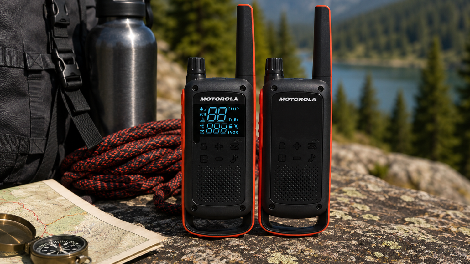 Vysielačky Motorola T82 Walkie-Talkie pripraven&eacute; pri v&yacute;bave v divokej pr&iacute;rode
