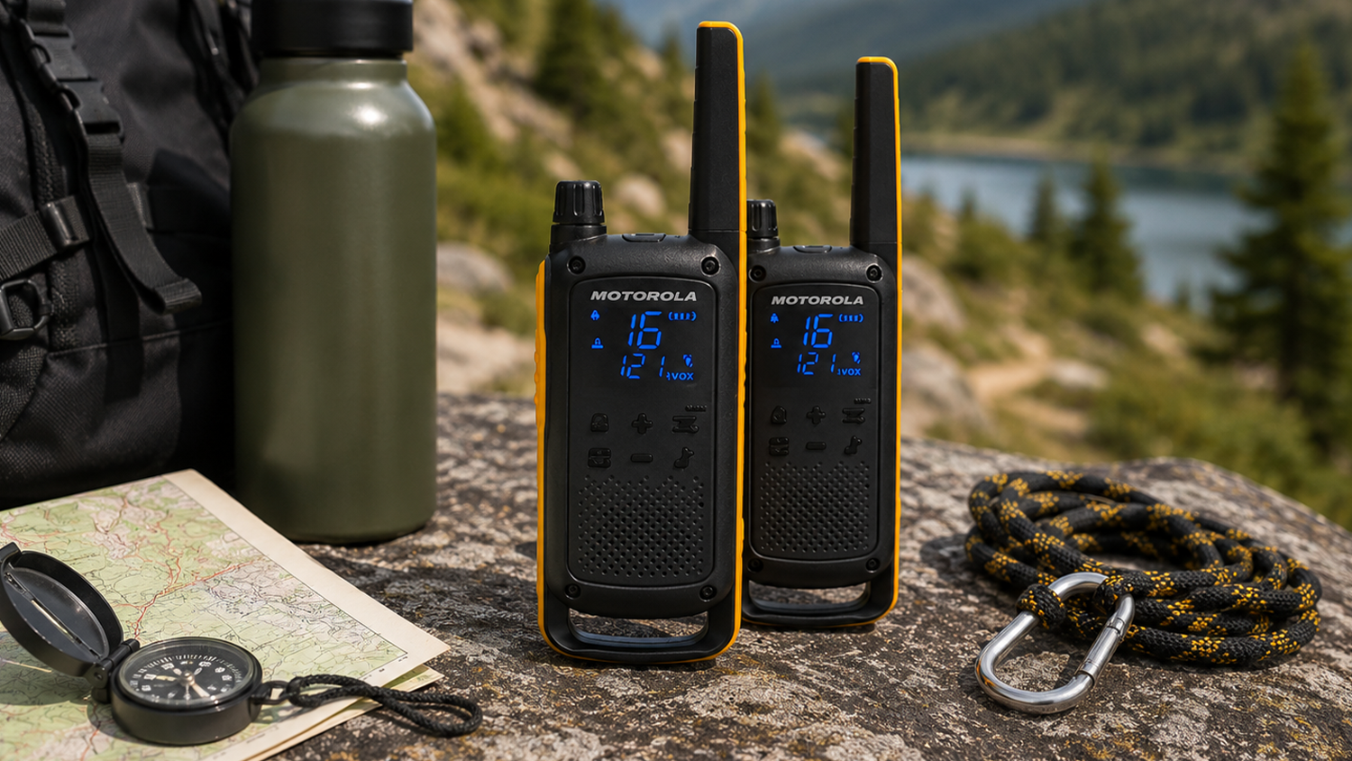 Vys&iacute;lačky Motorola T82 Extreme Pack Walkie-Talkie připraven&eacute; u v&yacute;bavy v divok&eacute; př&iacute;rodě