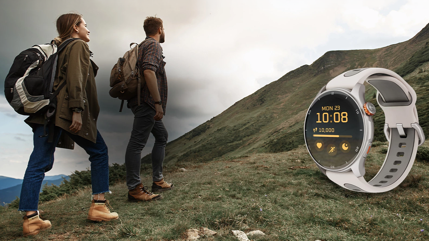 Žena s mužom na t&uacute;re, v popred&iacute; hodinky myPhone Watch Adventure Warm Grey