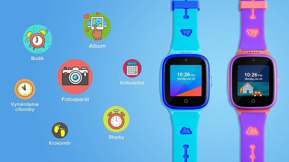 Modré a růžové hodinky Niceboy Watch KIDS PATROL s ikonami aplikací