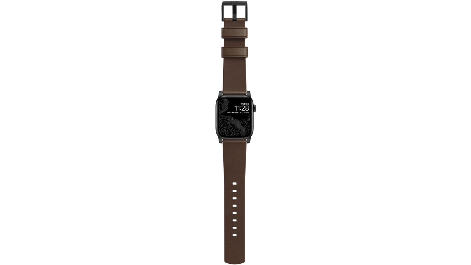 Výměnný pásek pro Apple Watch Nomad Moderní kožený pásek NM1A4RBM00 hnědý s černým kovovým kováním na bílém pozadí
