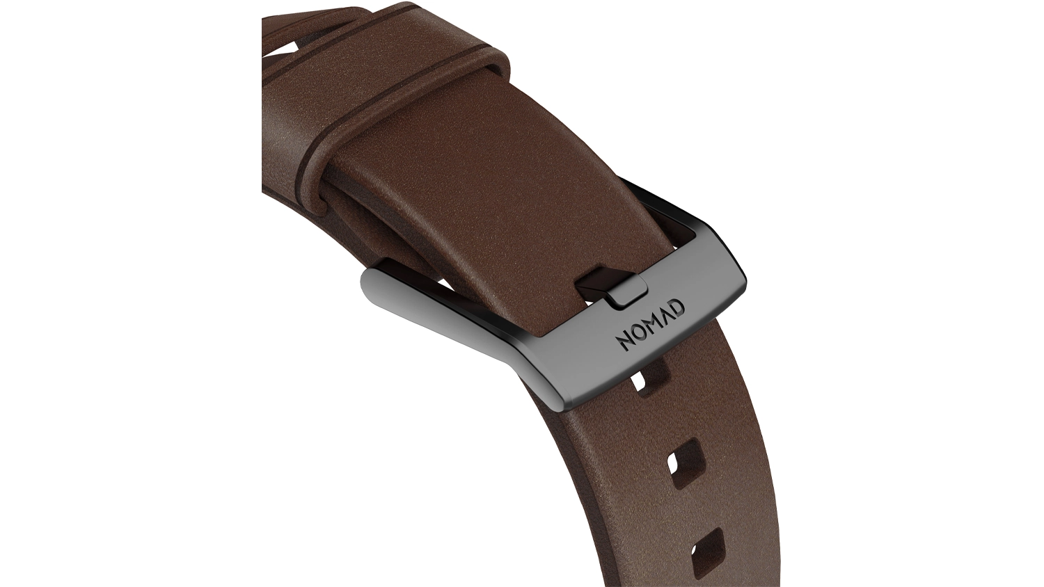 Výměnný pásek pro Apple Watch Nomad Moderní kožený pásek NM1A4RBM00 hnědý s černým kovovým kováním ukazující detail zapínání