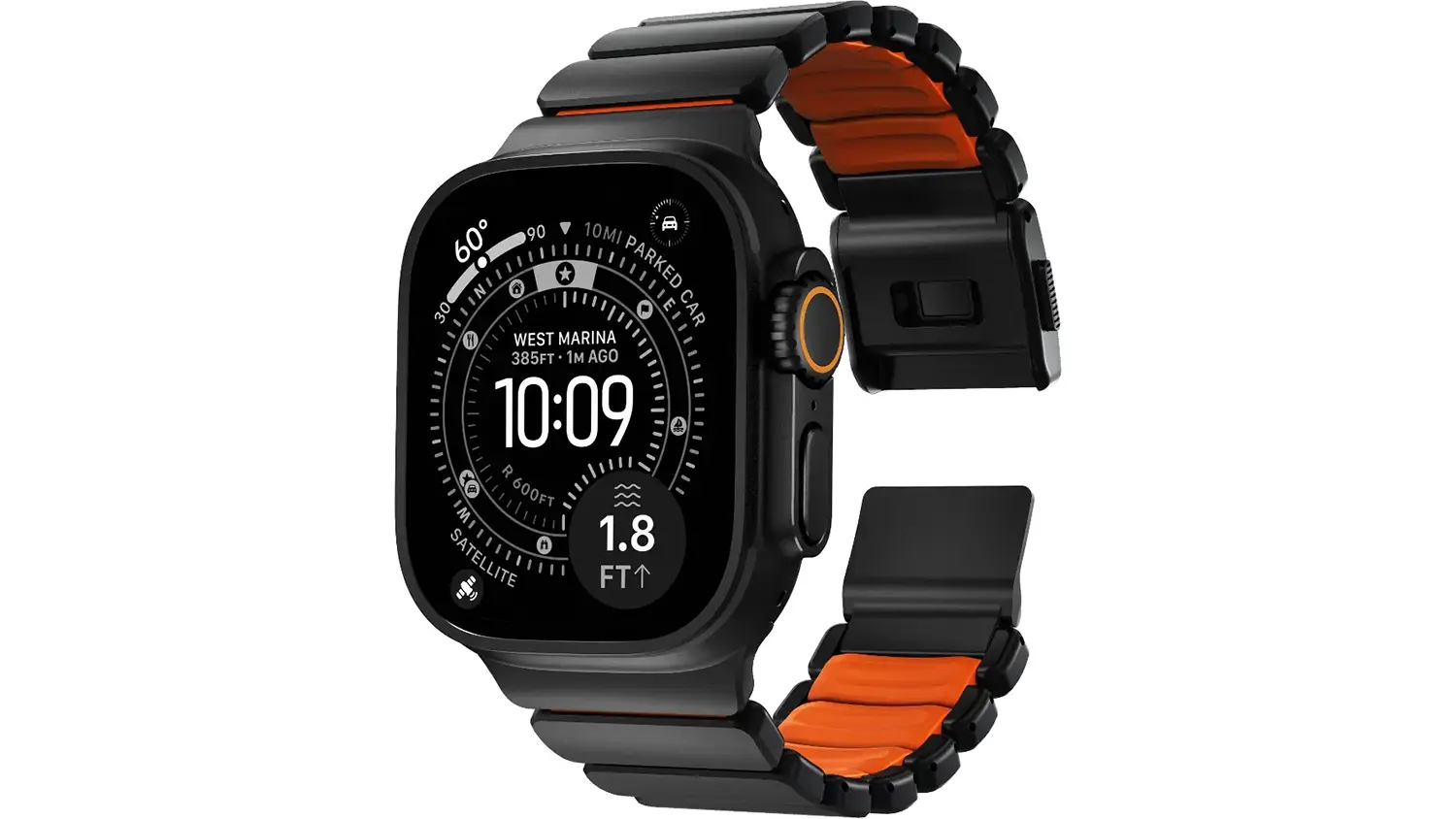 Řem&iacute;nek Nomad Spartan Band Black Titanium Ultra Orange Apple Watch 45/46/49mm na hodink&aacute;ch