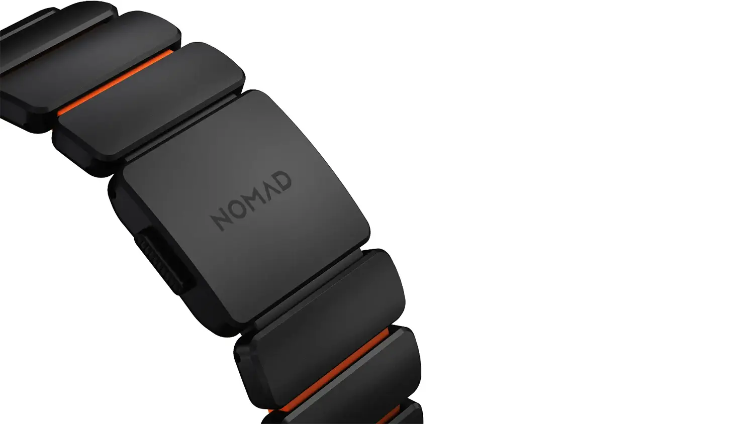 Detail řem&iacute;nku na hodinky Nomad Spartan Band Black Titanium Ultra Orange Apple Watch 45/46/49mm