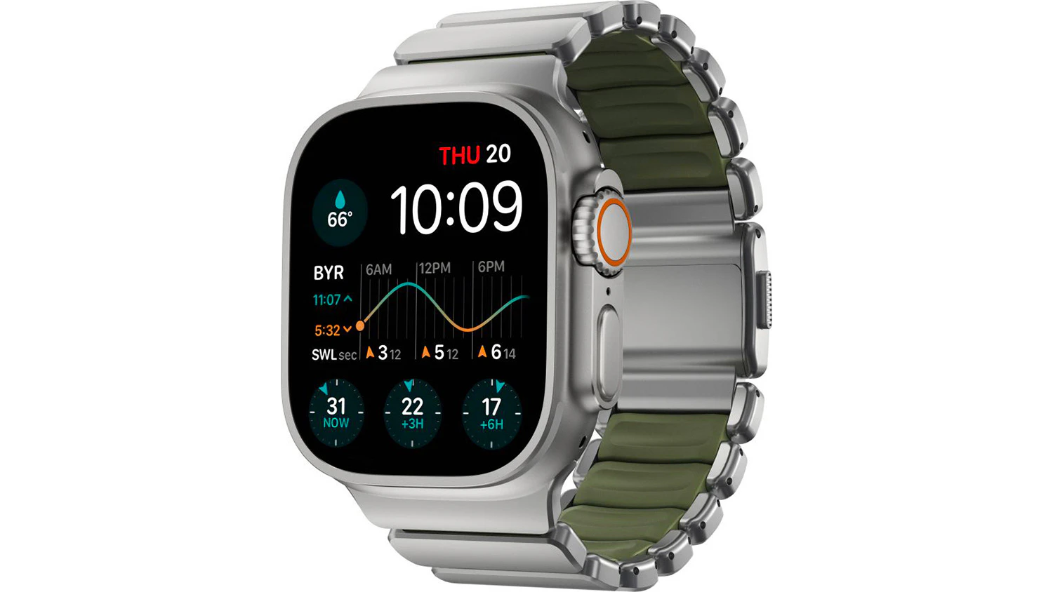 Řemínek pro Apple Watch Nomad Stratos Band FKM 45/46/49mm Natural Titanium/Forest Green připojený k hodinkám