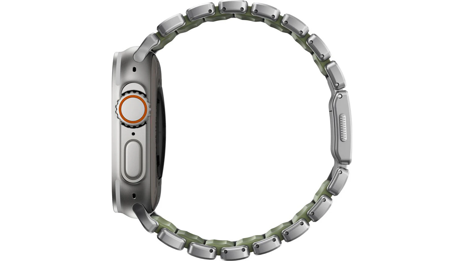 Řemínek pro Apple Watch Nomad Stratos Band FKM 45/46/49mm Natural Titanium/Forest Green zboku