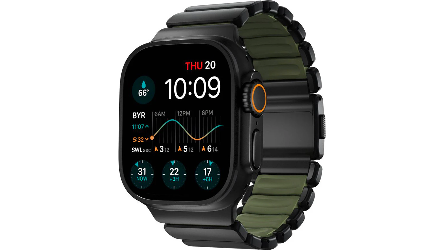 Řemínek pro Apple Watch Nomad Stratos Band FKM 45/46/49mm Black Titanium/Forest Green připojený k hodinkám