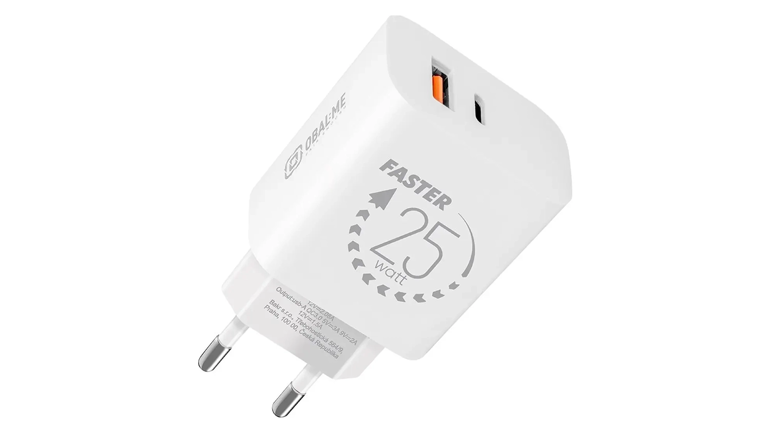 Nap&aacute;jec&iacute; adapt&eacute;r OBAL:ME USB-A + USB-C 25W b&iacute;l&yacute; předn&iacute; pohled