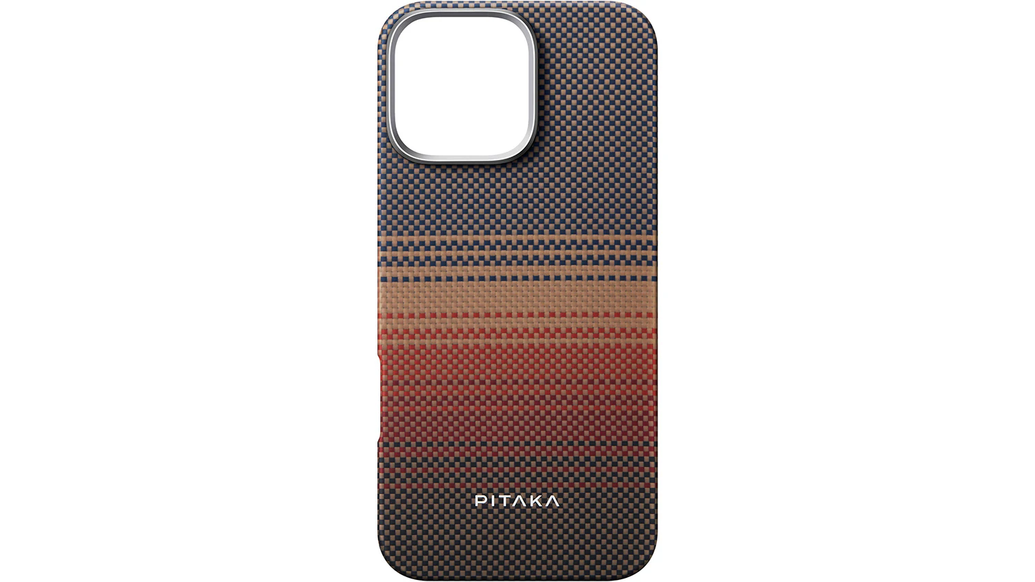 Kryt na mobil Pitaka Tactile Woven Case iPhone 16 Pro Sunset na b&iacute;l&eacute;m pozad&iacute; zobrazuj&iacute;c&iacute; celkov&yacute; design a barevn&yacute; přechod