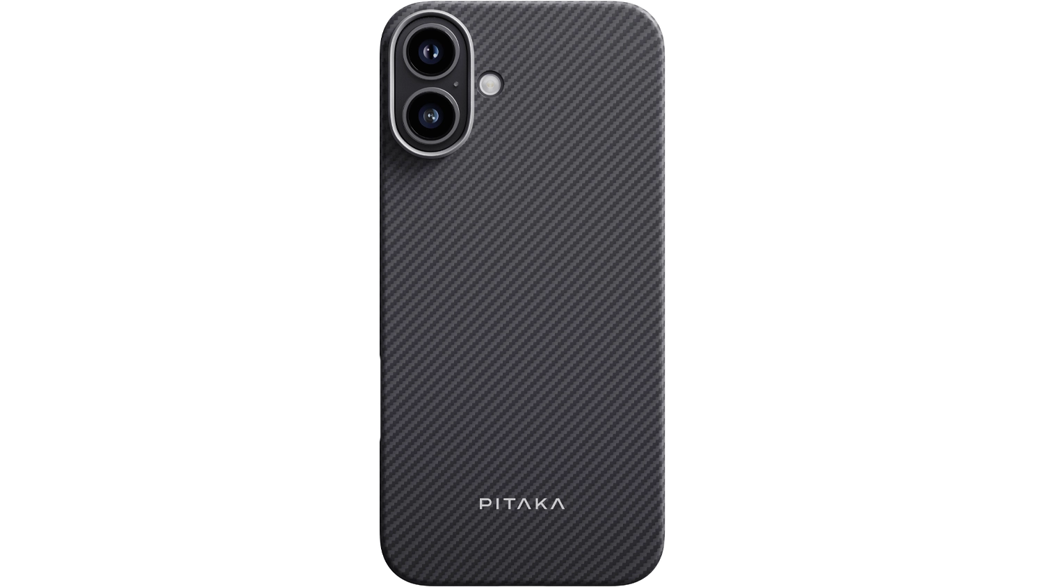 Kryt na mobil Pitaka MagEZ 600D iPhone 16 Plus Black/Grey Twill na b&iacute;l&eacute;m pozad&iacute; zobrazuj&iacute;c&iacute; celkov&yacute; design