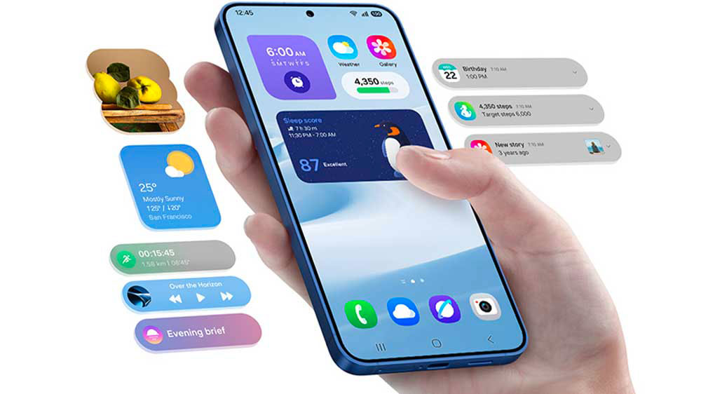 Ruka drž&iacute;c&iacute; smartphone Samsung Galaxy S25 s vizualizac&iacute; notifikac&iacute;_07