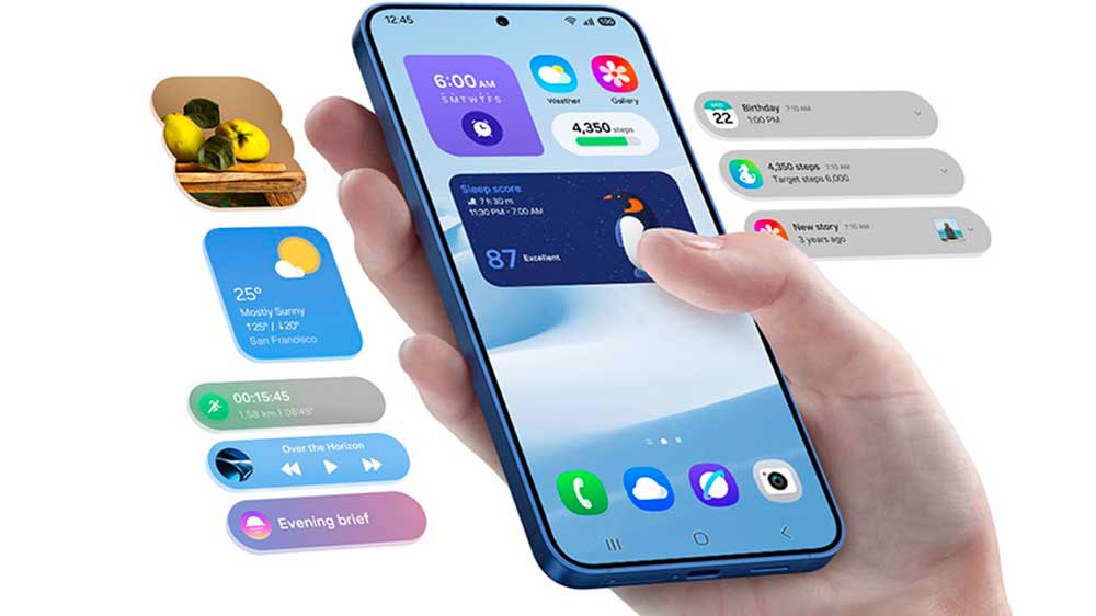 Ruka držící smartphone Samsung Galaxy S25+ s vizualizací notifikací_08