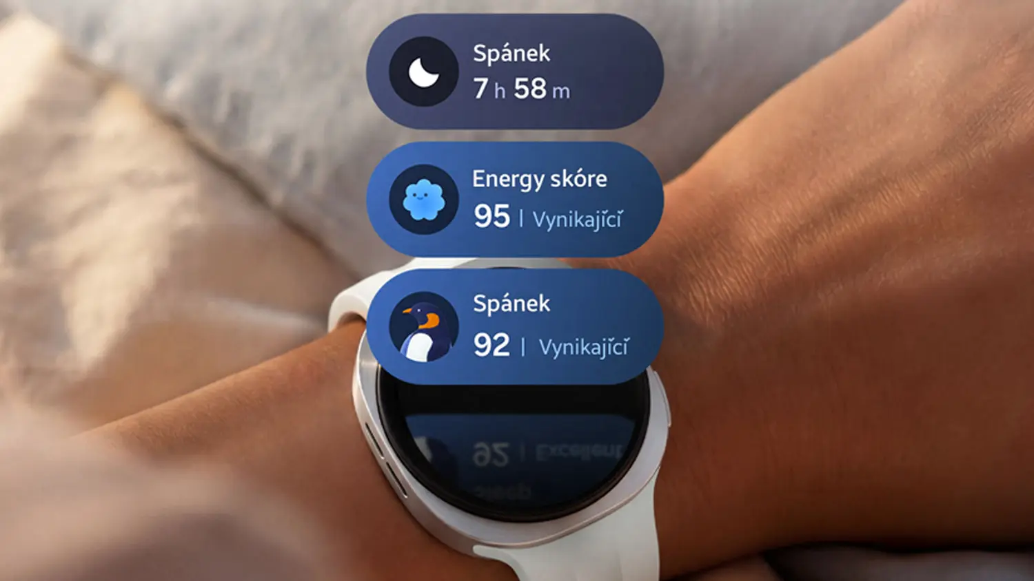 Hodinky Samsung Galaxy Watch9 LTE na zápästí s grafikou spánkového kouča