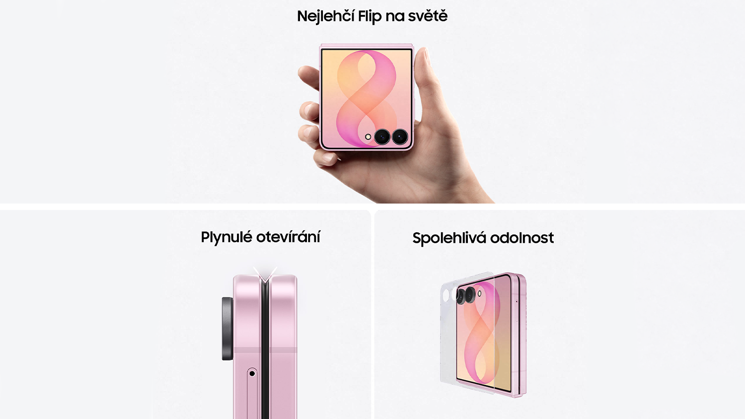 Tři fotky vlastností telefonu Samsung Galaxy Z Flip8 5G