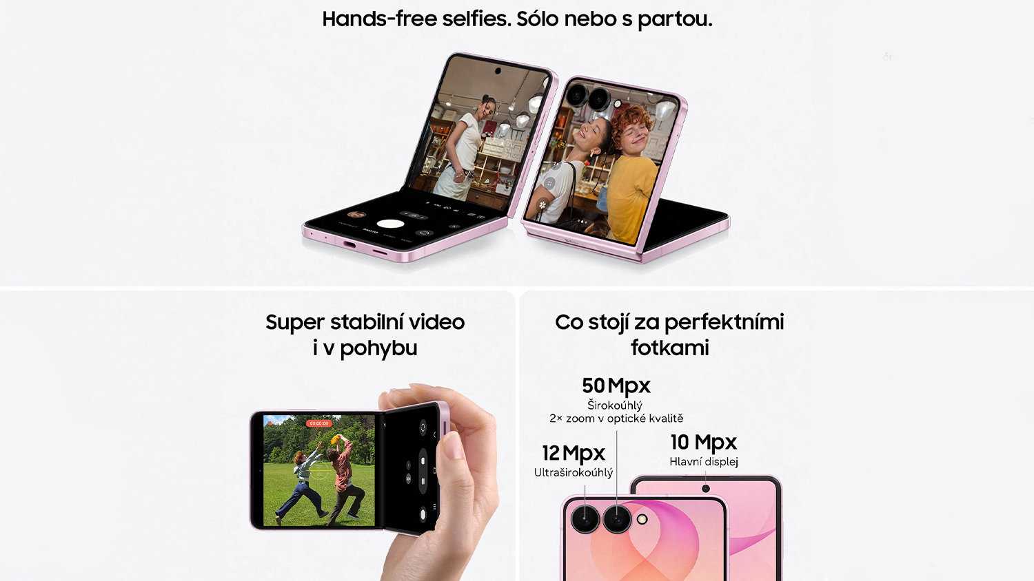 Tři fotky vlastnost&iacute; fotosoustavy, pořizov&aacute;n&iacute; selfie a prohl&iacute;žen&iacute; vide&iacute;