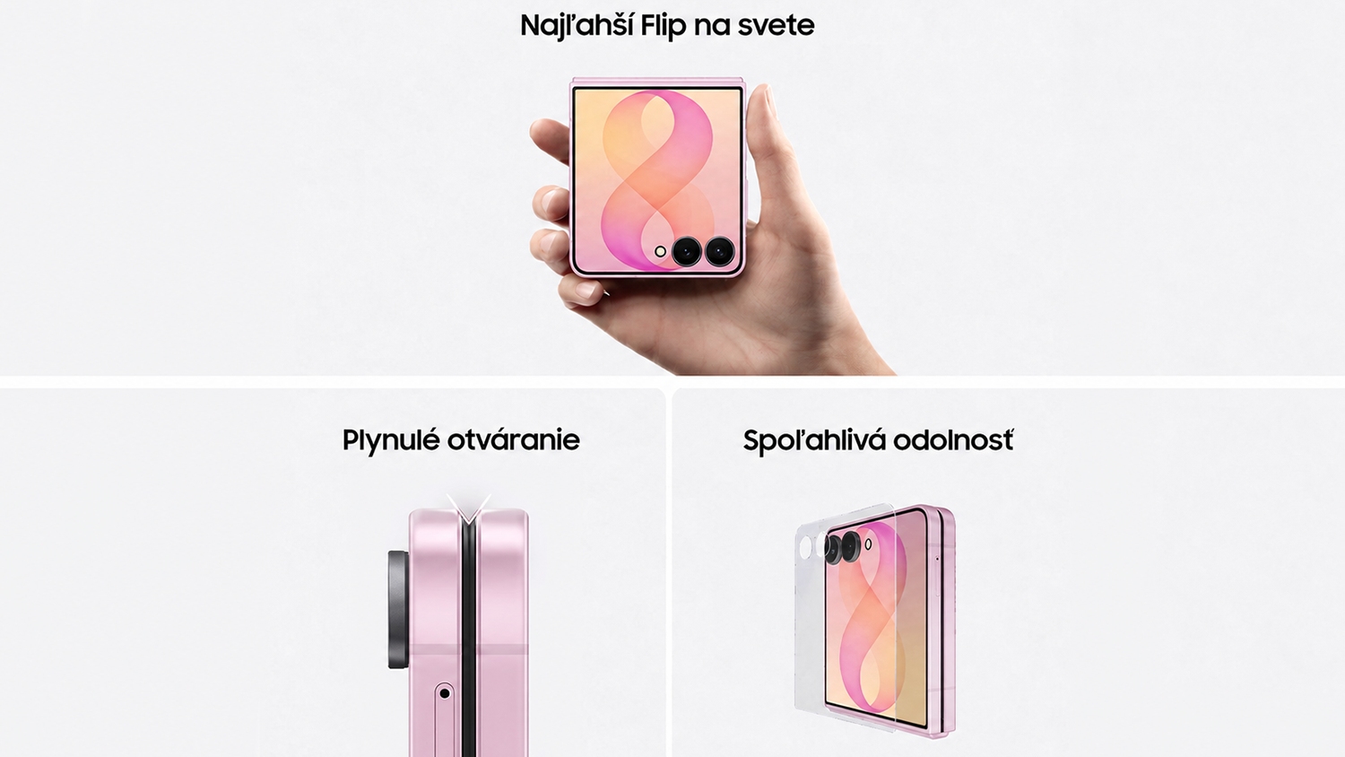 Tri fotografie vlastností telefónu Samsung Galaxy Z Flip8 5G