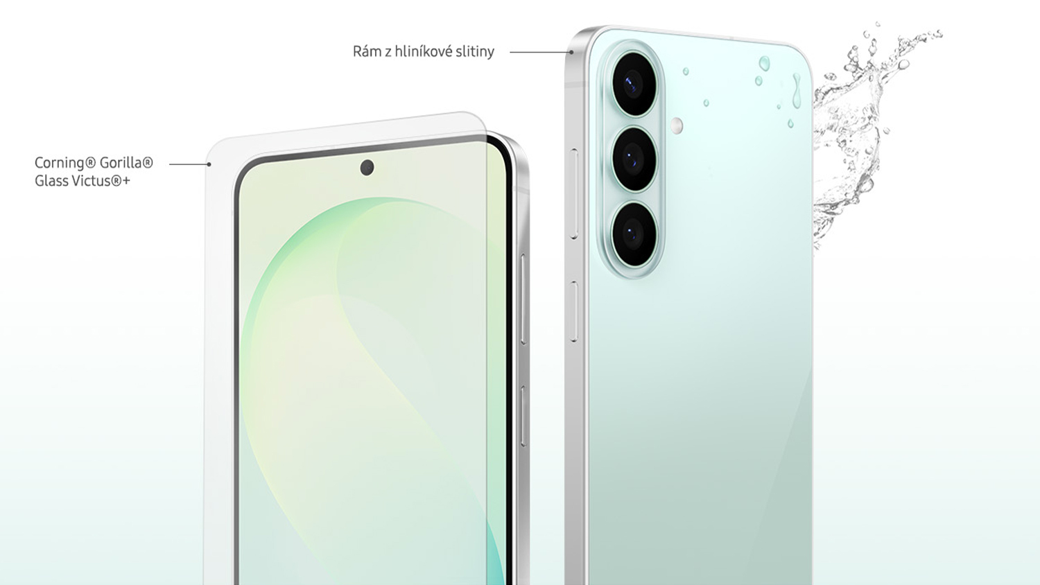 Přední a zadní pohled na telefon Samsung Galaxy S26 FE