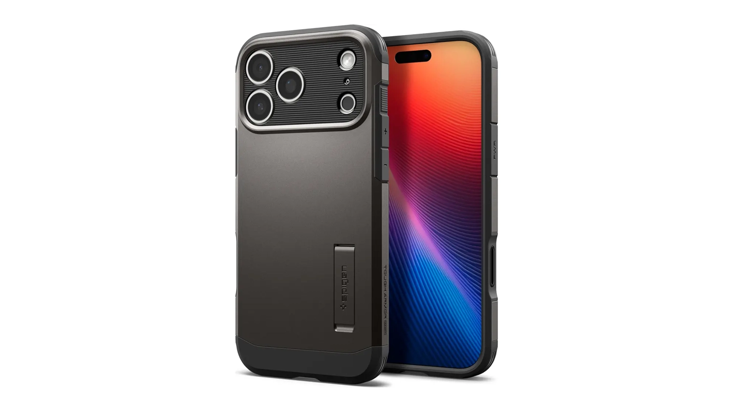 Kryt na mobil Spigen Tough Armor T iPhone 17 Pro Gunmetal předn&iacute; i zadn&iacute; pohled
