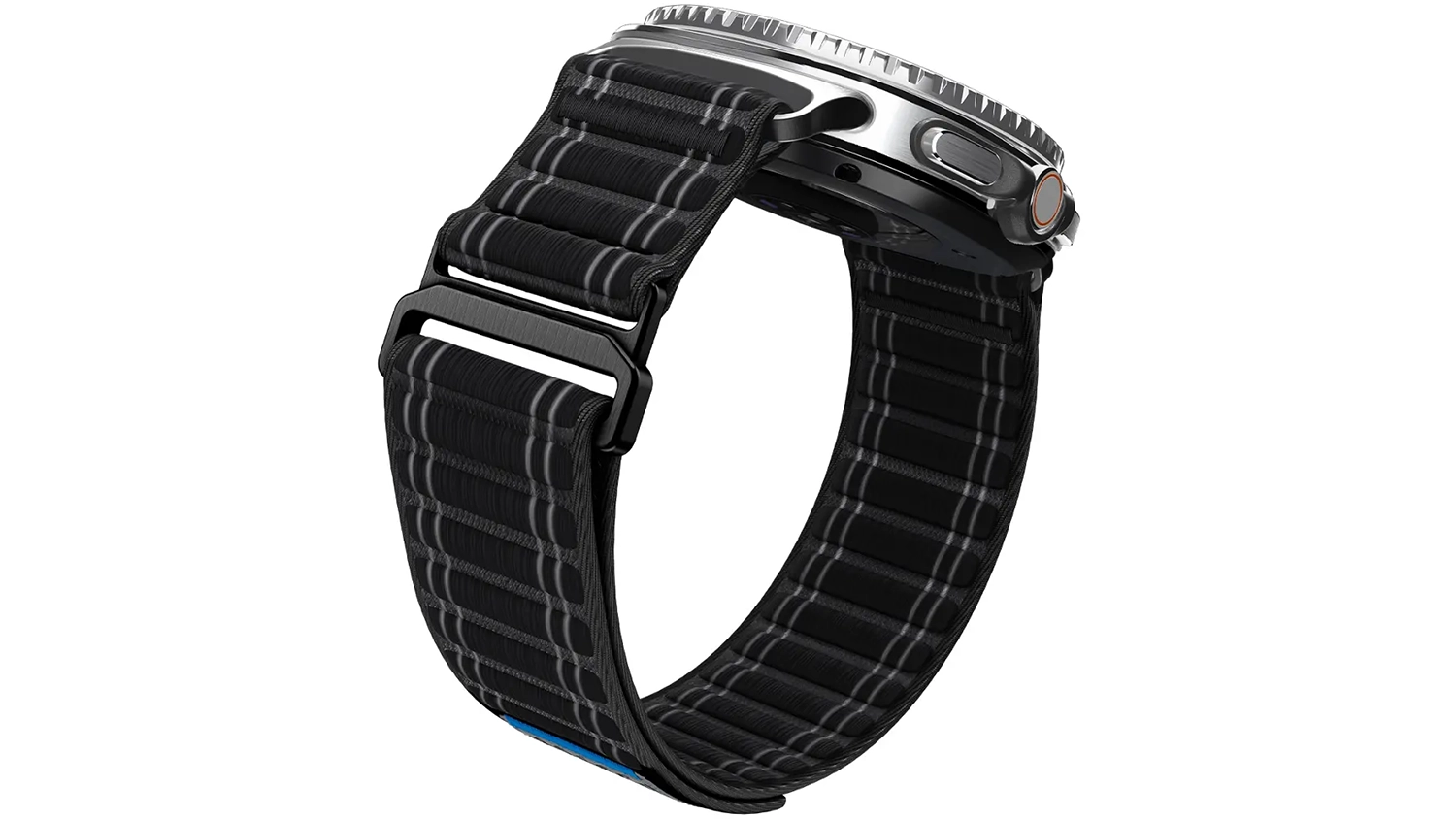 Pohled na řemínek Spigen Fabric Band připojený na hodinkách