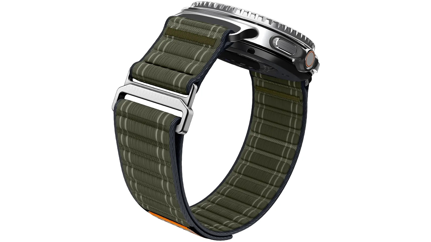 Pohled na řemínek Spigen Fabric Band připojený na hodinkách