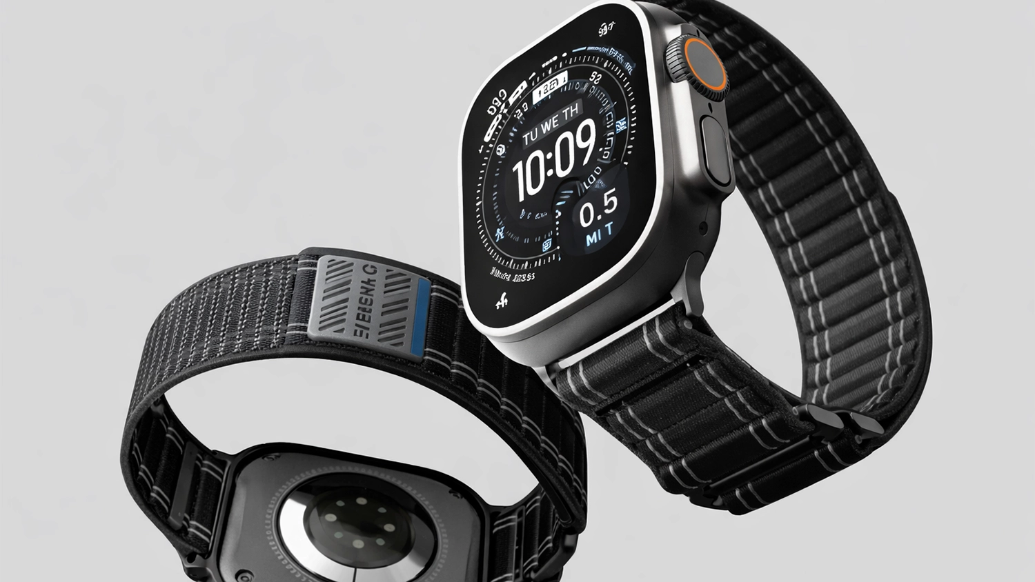 Řem&iacute;nek na hodinky Spigen Fabric Band uk&aacute;zan&yacute; ze dvou pohledů na hodink&aacute;ch