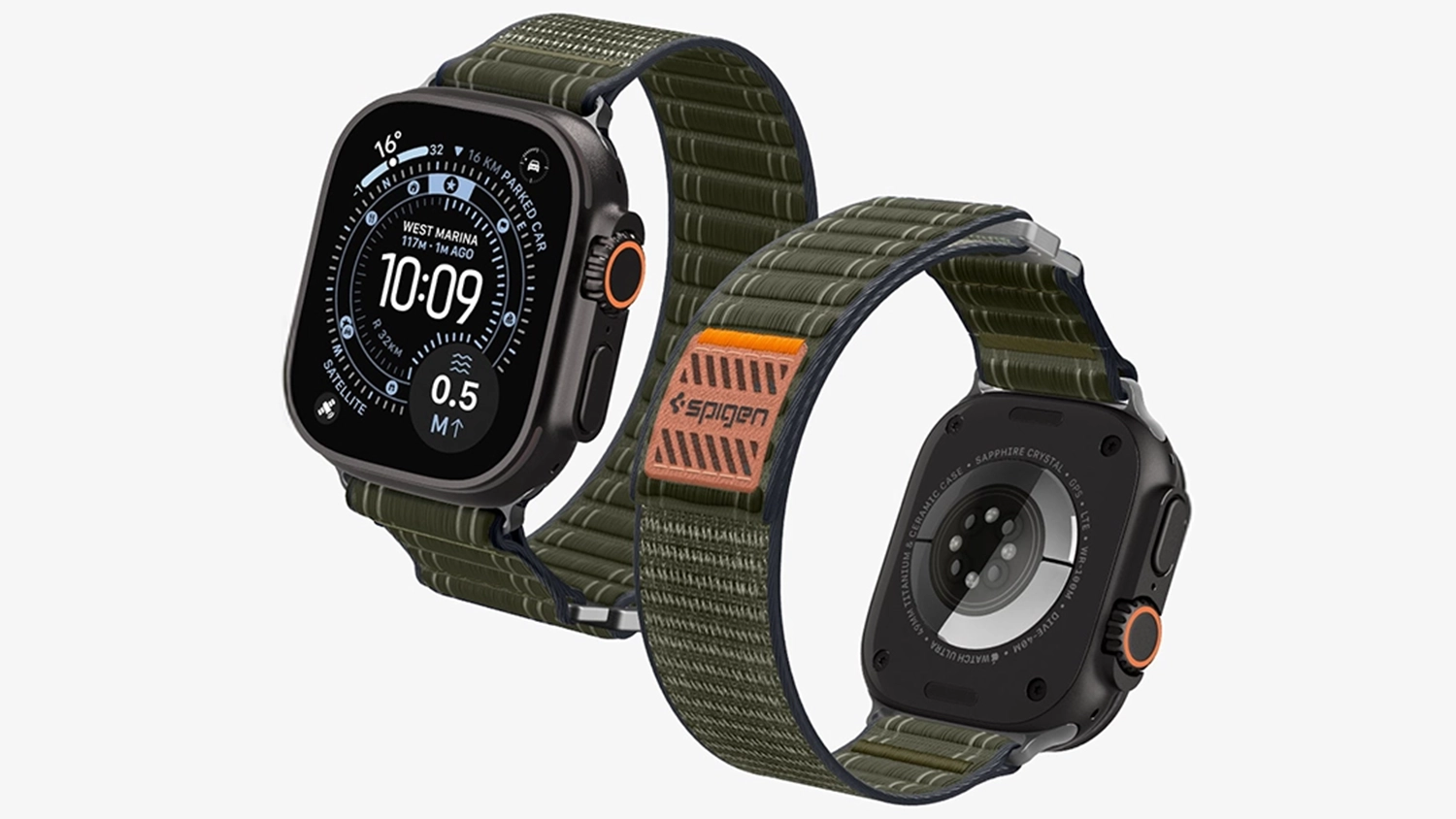 Řemínek na hodinky Spigen Fabric Band Green Apple Watch ze dvou pohledů